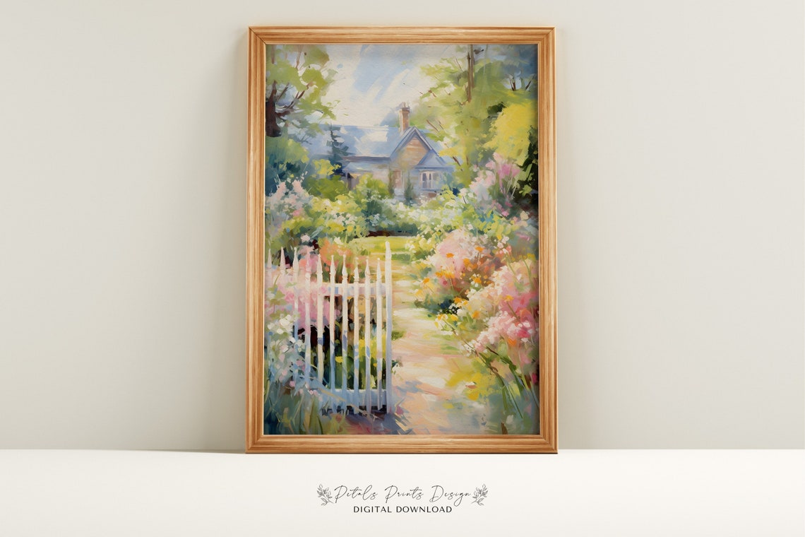 Cottage Garden Behind White Picket Gate Impressionist Art Poster