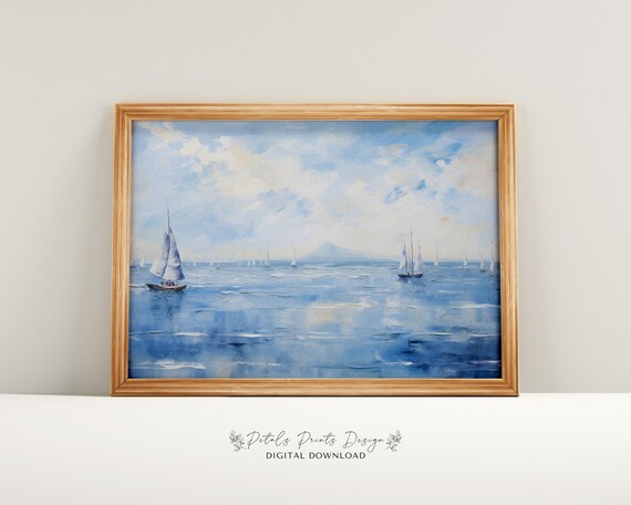 Blue Seascape Sailboats Watercolor Distant Mountain Horizon Poster