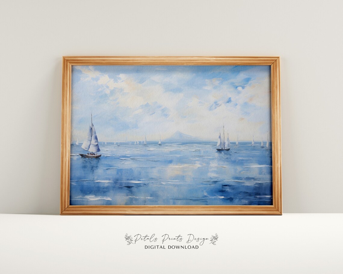 Blue Seascape Sailboats Watercolor Distant Mountain Horizon Poster
