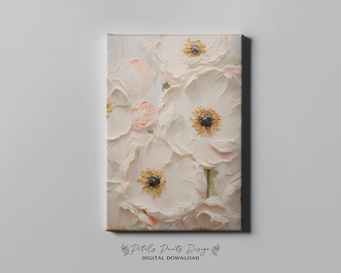Close Up White Anemones Golden Centers Impasto Floral Poster - Image 4