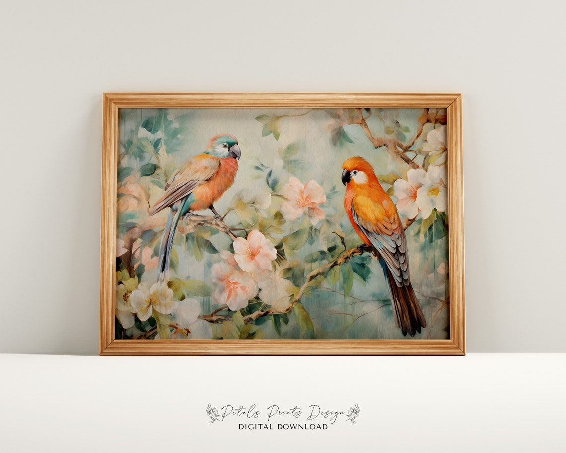 Two Colorful Parrots Pastel Blossoms Soft Floral Bird Painting Poster