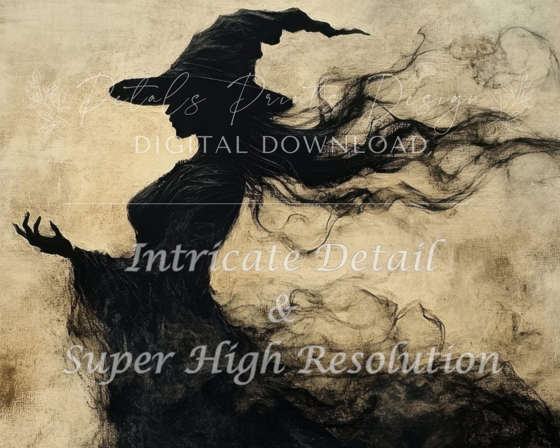 Witch Silhouette with Windswept Hair Dark Vintage Halloween Art Poster - Image 2