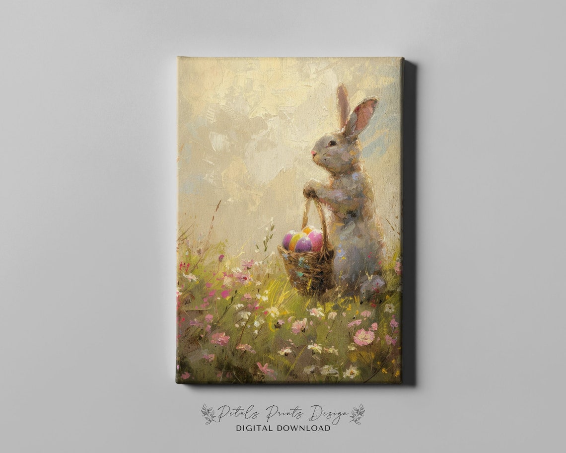 Bunny with Easter Egg Basket in Pink Wildflower Meadow Art Poster - Image 4