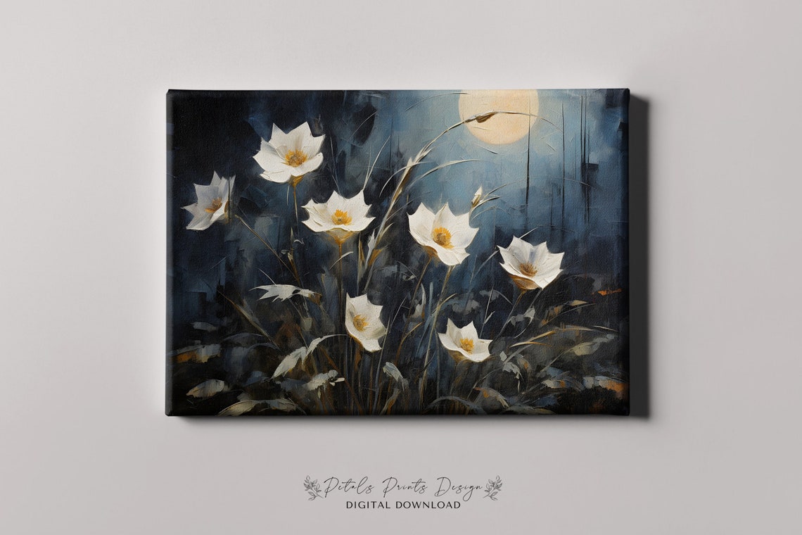 White Flowers Blooming at Night Under a Glowing Full Moon Poster - Image 4