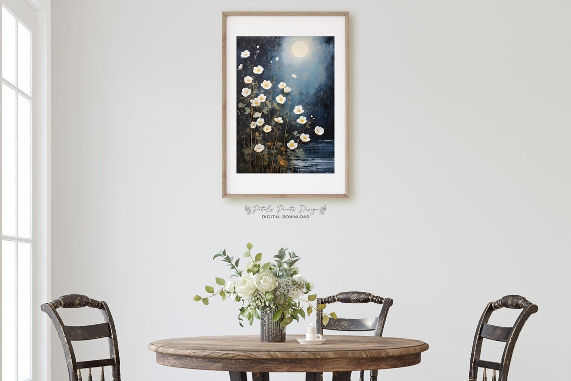White Cosmos Flowers Under Full Moon Night Garden Scene Poster - Image 2
