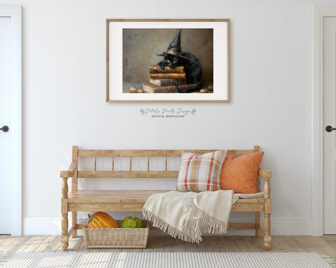 Black Cat In Witch Hat On Old Books Halloween Painting Poster - Image 3