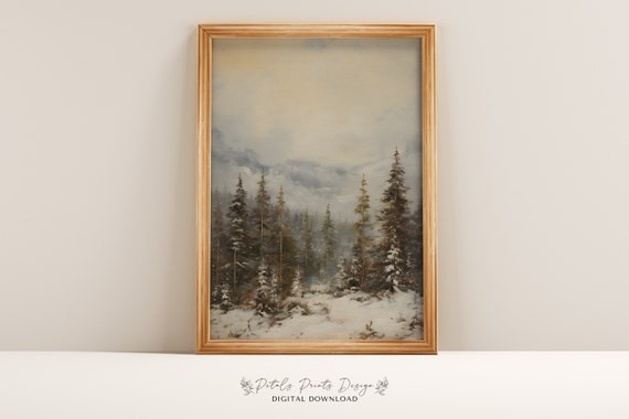 Rustic Winter Landscape Art Print, Vintage Farmhouse