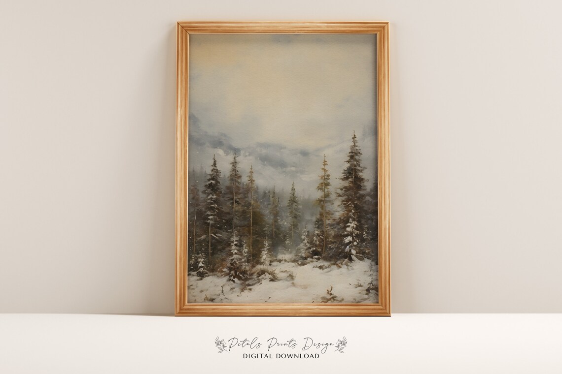 Rustic Winter Landscape Art Print, Vintage Farmhouse