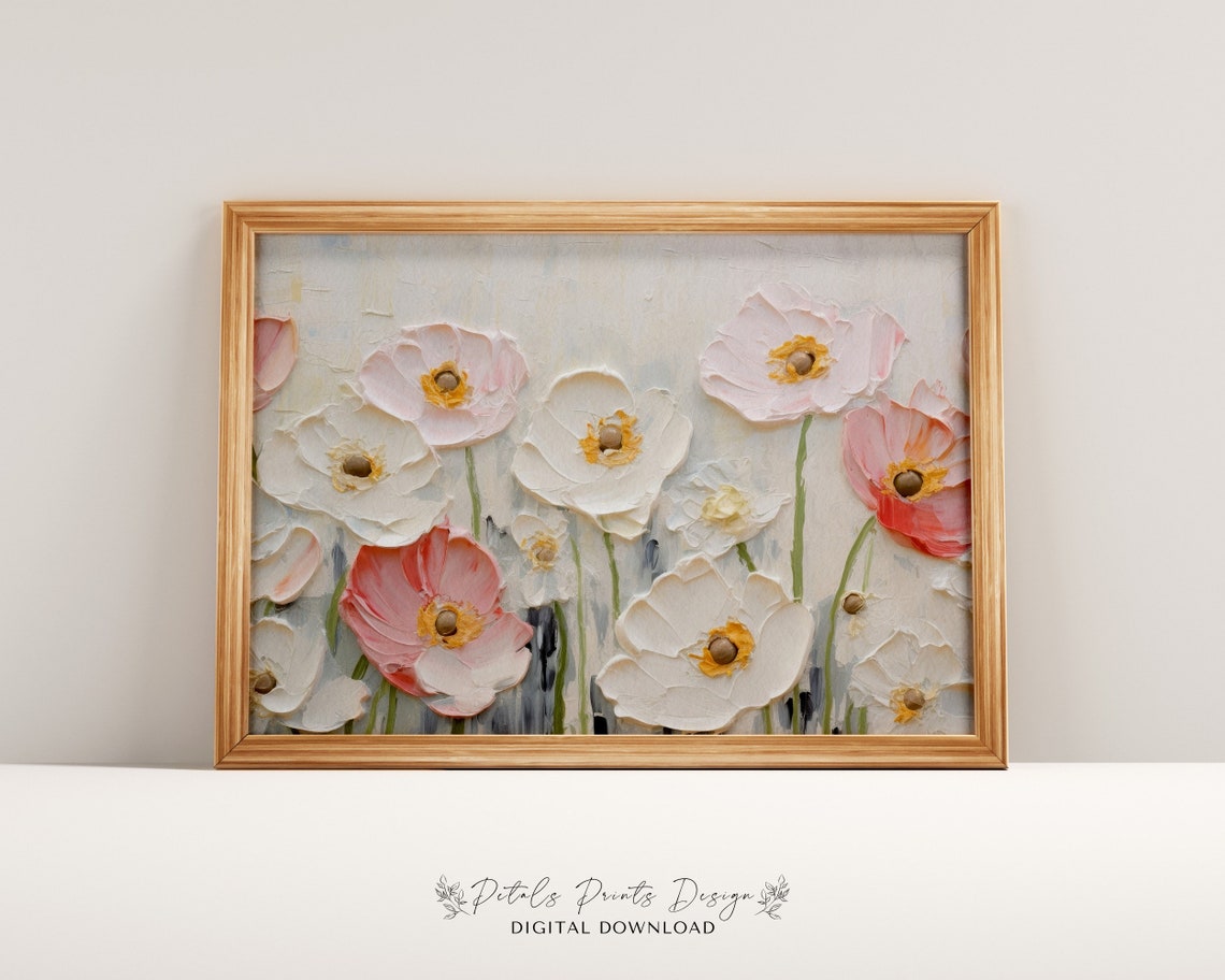 White Coral Pink Anemones Textured Spring Floral Painting Poster