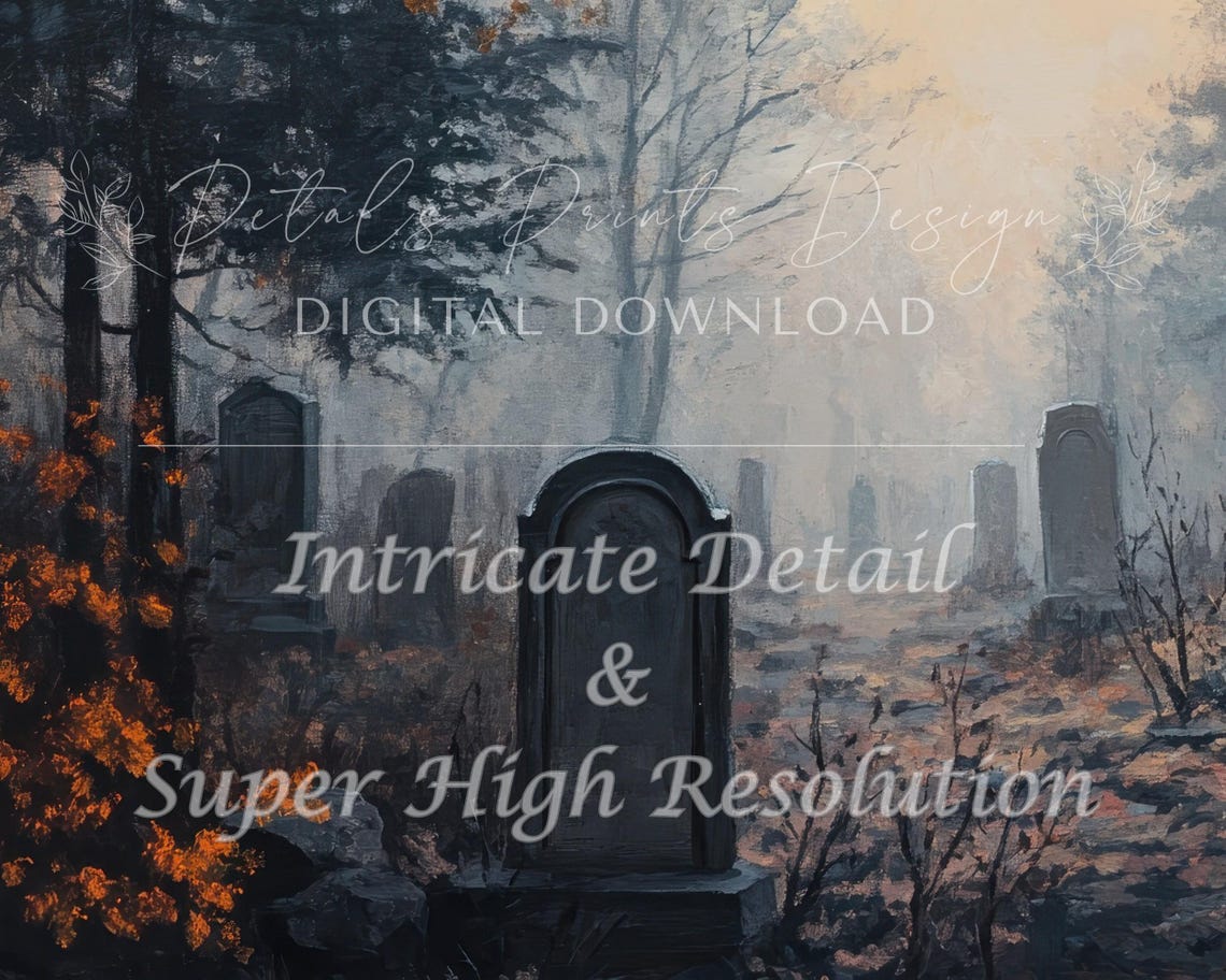 Foggy Old Cemetery Gravestones Bare Trees Moody Winter Wall Art - Image 2