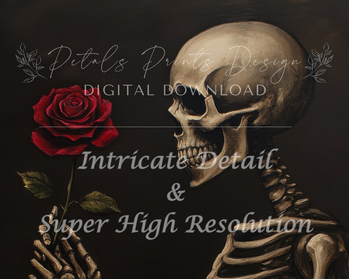 Skeleton Holding Red Rose Valentine Gothic Love Painting Poster - Image 2