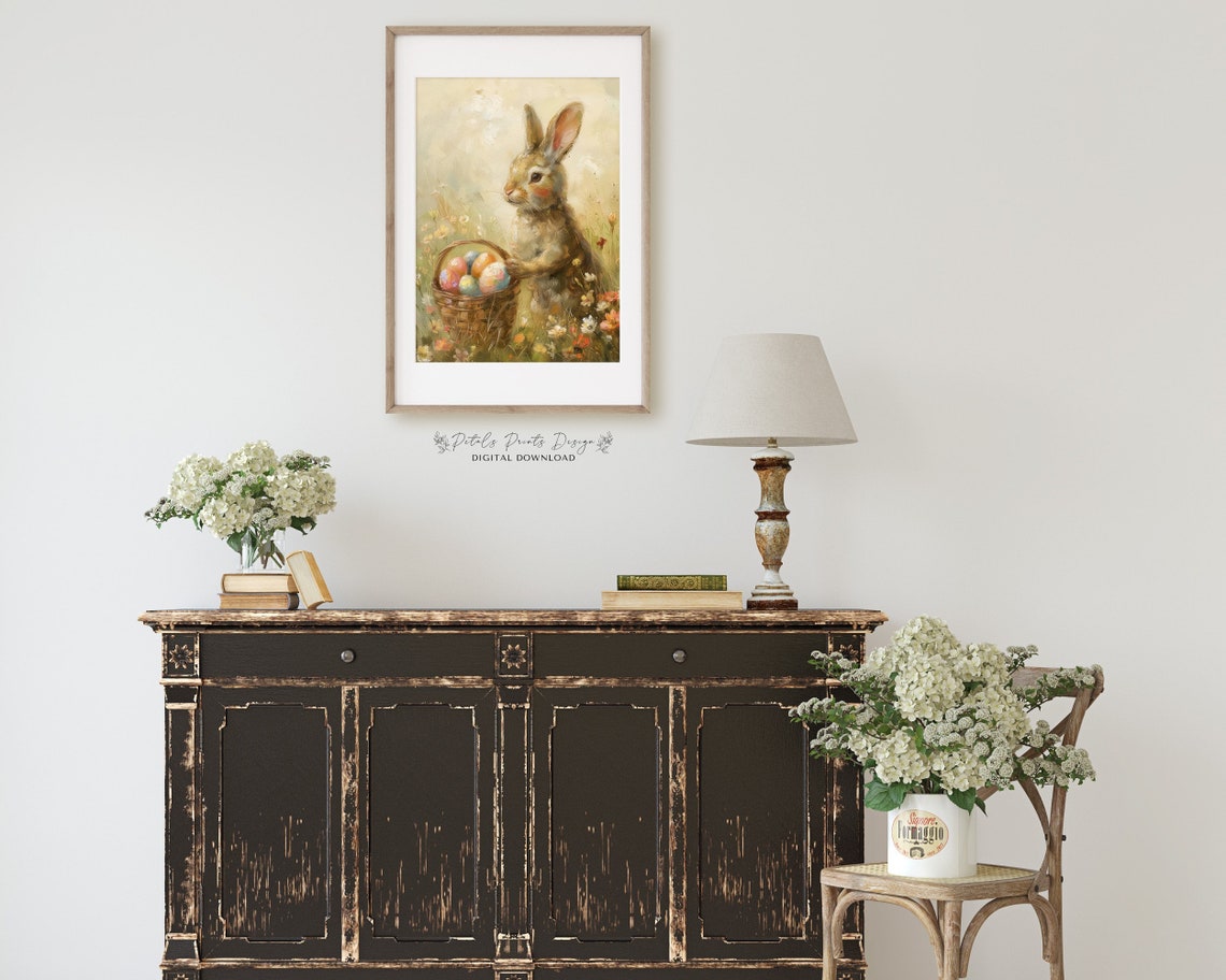 Bunny with Large Easter Egg Basket Wildflower Meadow Vintage Poster - Image 2