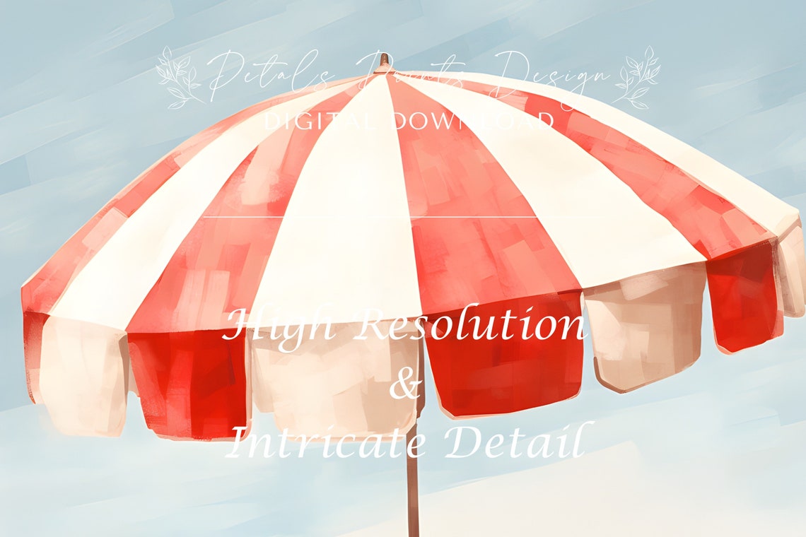 Red White Striped Beach Umbrella Ocean Summer Watercolor Poster - Image 3