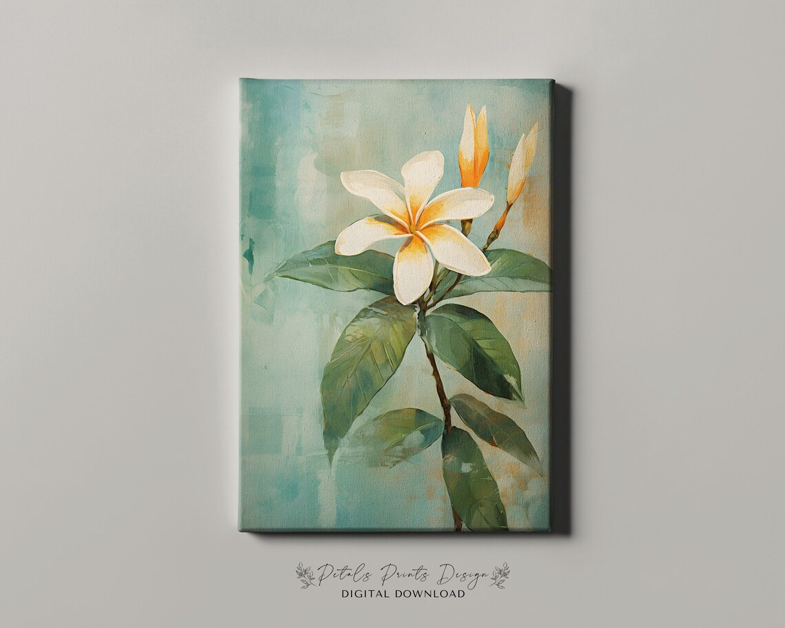 White Plumeria Blossom with Buds Teal Watercolor Botanical Poster - Image 4