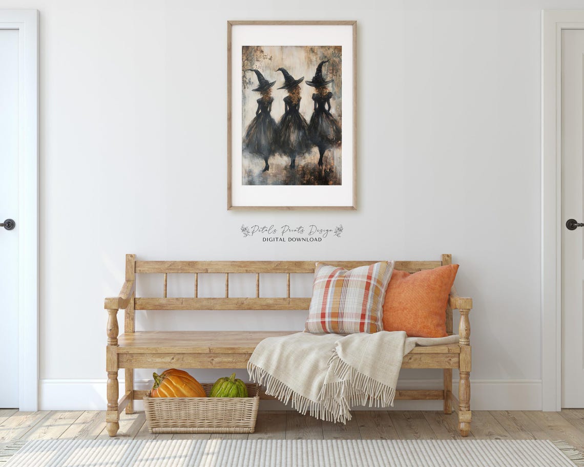 Three Witches from Behind in Black Gowns Vintage Halloween Art Poster - Image 3