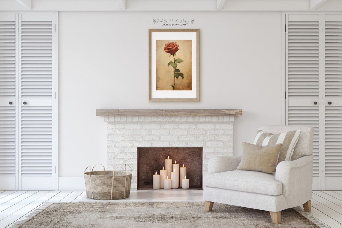 Single Red Rose Stem Textured Beige Background Vintage Floral Poster - Image 2
