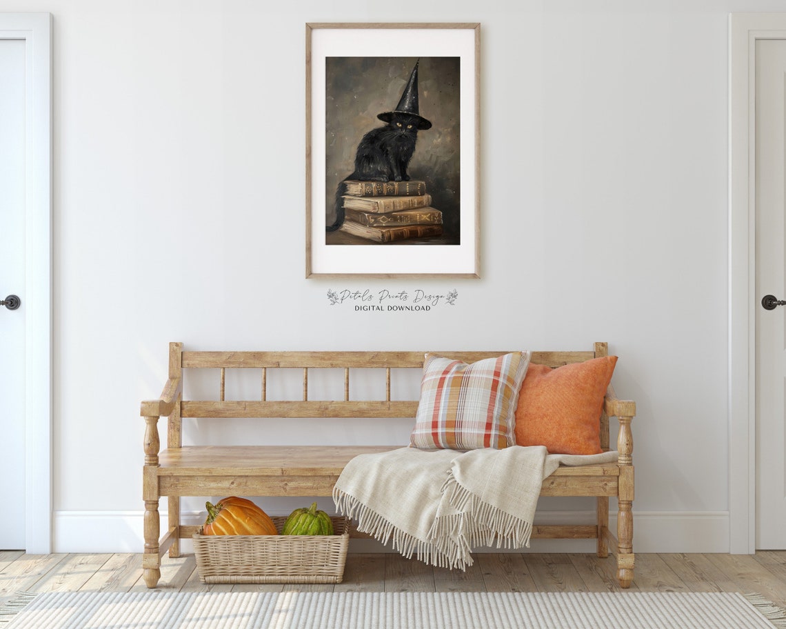 Black Cat Sitting On Tall Stack Of Books Witch Hat Halloween Poster - Image 3