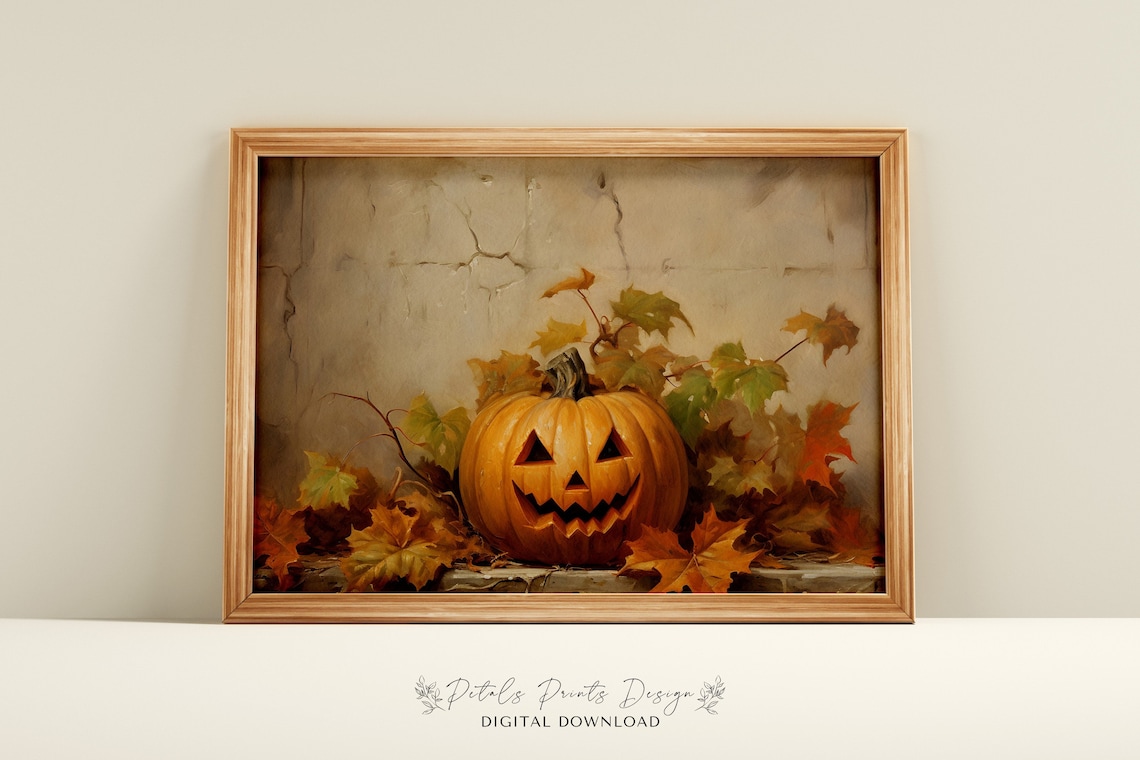 Vintage Pumpkin Halloween Art Print, Rustic Fall Decor