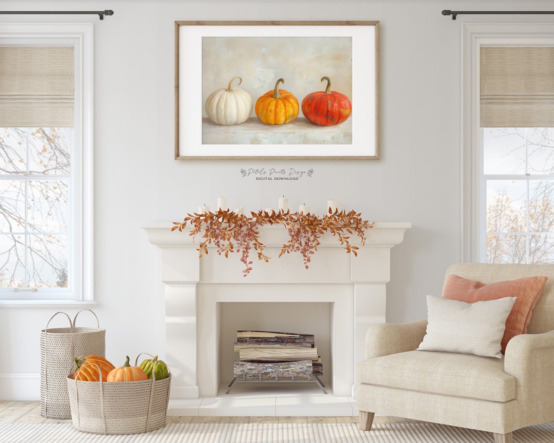 White Orange Pumpkin Row Soft Vintage Fall Still Life Art Print - Image 2