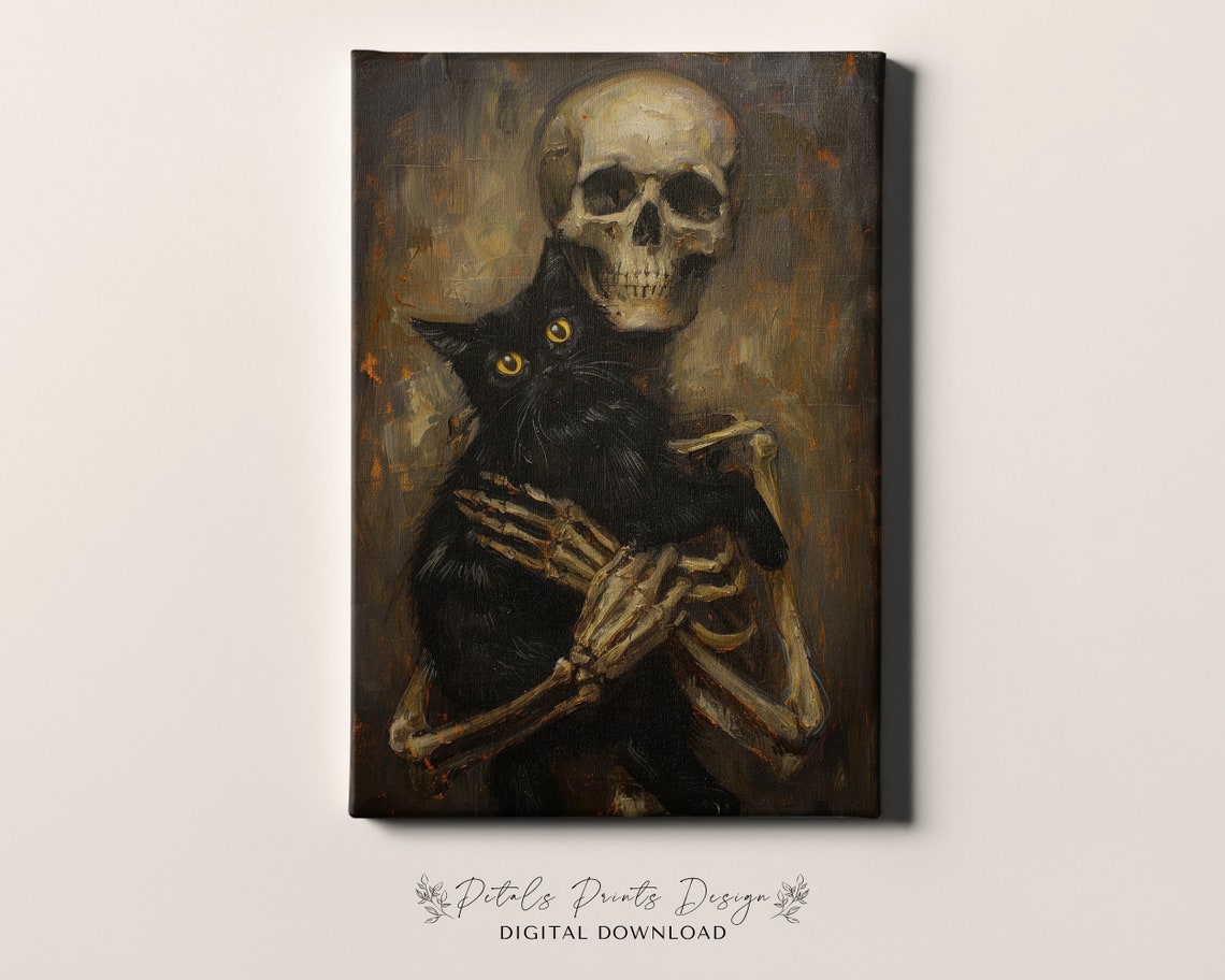 Skeleton Hugging Black Cat Spooky Cute Halloween Oil Painting Poster - Image 4