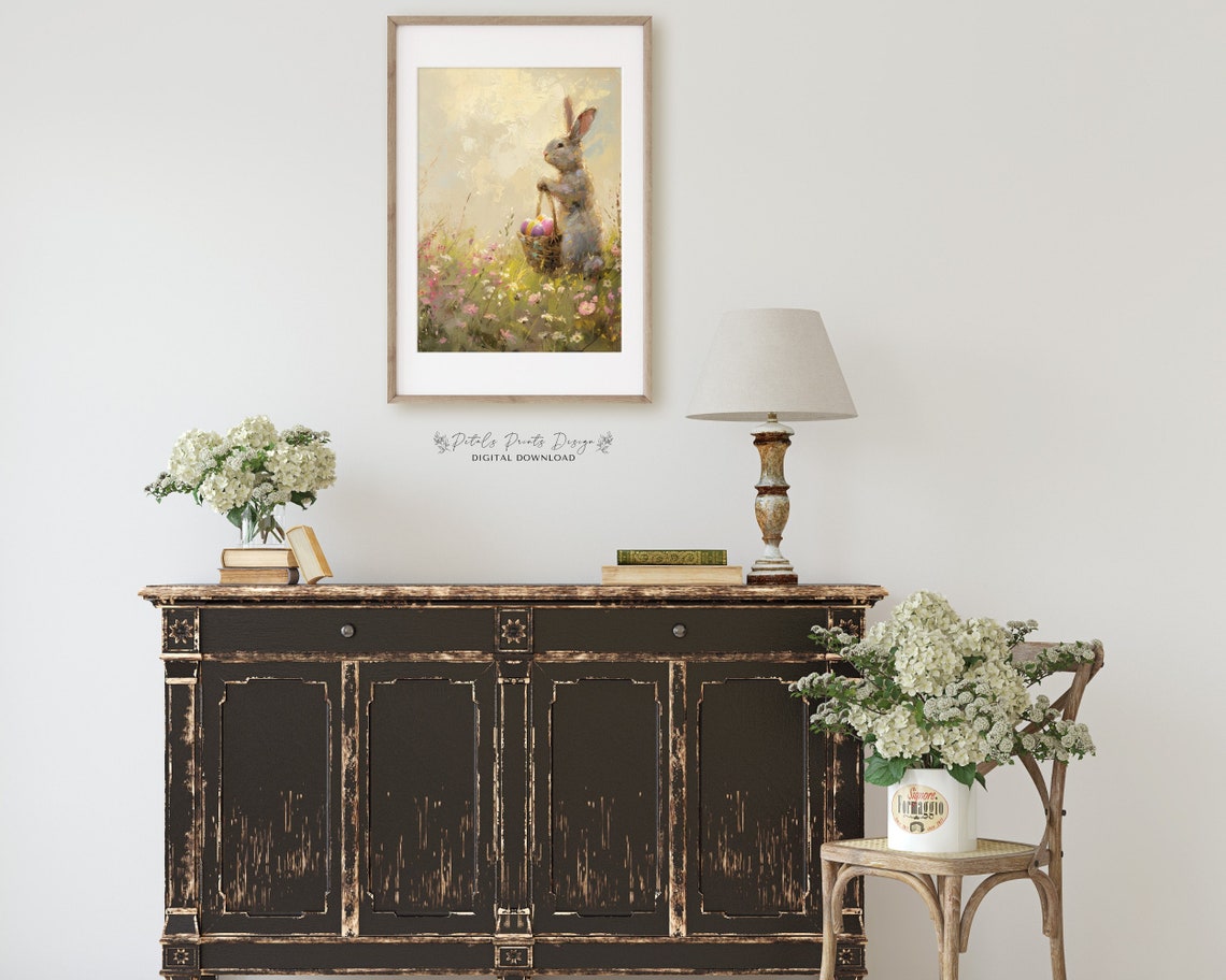 Bunny with Easter Egg Basket in Pink Wildflower Meadow Art Poster - Image 2