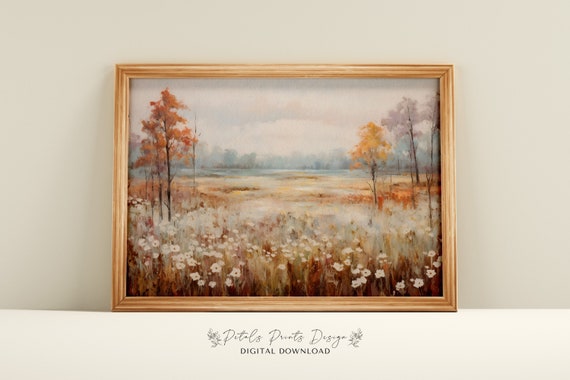 Vintage Autumn Landscape Painting, Rustic Fall Decor Art Print