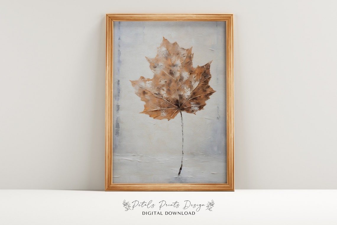 Dried Maple Leaf Gray Background Minimalist Botanical Art Poster