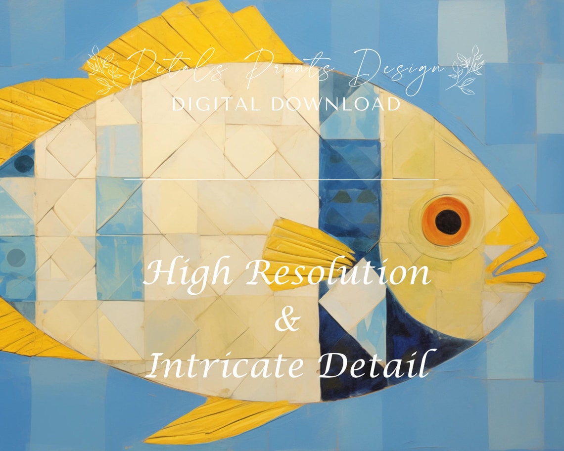 Modern Yellow Blue Geometric Mosaic Fish Tile Coastal Art Poster - Image 3