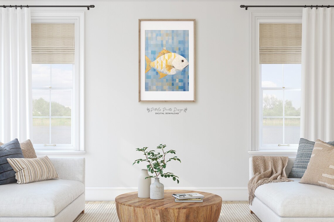 White Mosaic Fish Yellow Fins Blue Tile Ocean Portrait Art Poster - Image 2