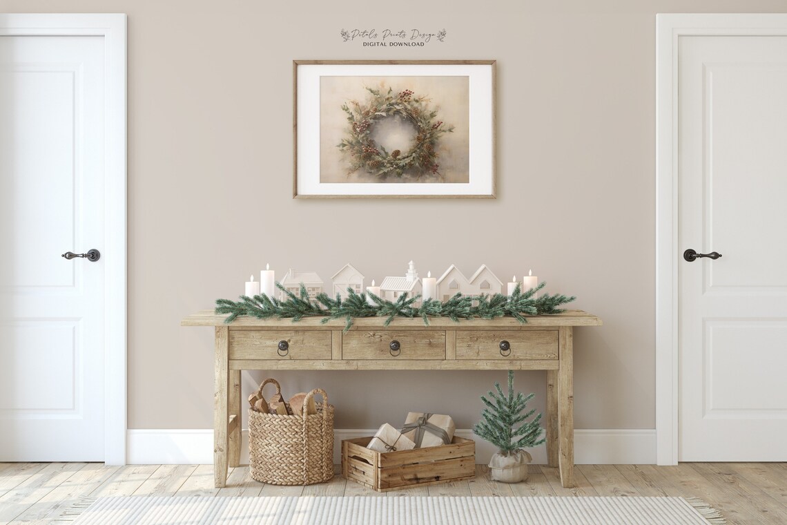 Christmas Wreath Still Life Painting, Vintage Holiday Art - Image 2
