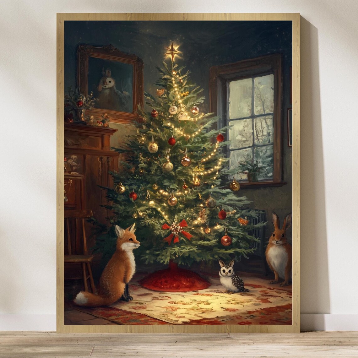 Whimsical Holiday Fox Owl Rabbit Art Print