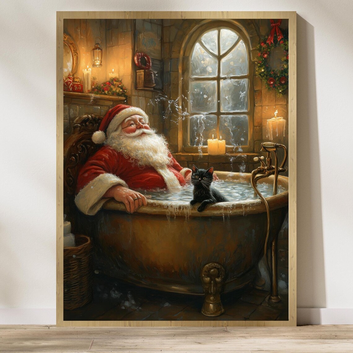 Santa Claus and Black Cat, Maximalist Christmas Art Print