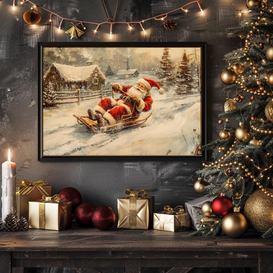 Santa Sledding Wall Art Toboggan Print Winter Oil Painting Holiday Farmhouse Decor Nordic Sled Santa Farm Print Christmas Decor - Image 3