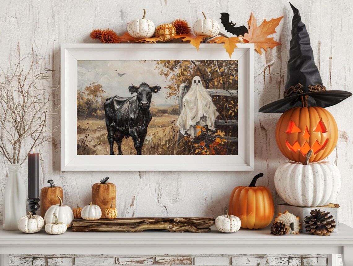 Cow Ghost Halloween Sheet Ghost Spooky Farm Cute Funny Fall Wall Art Poster - Image 3