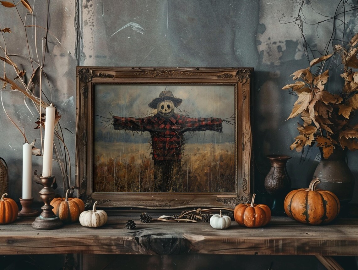 Spooky Scarecrow Jack O Lantern Face Fall Field Plaid Vintage Halloween Poster Art - Image 4