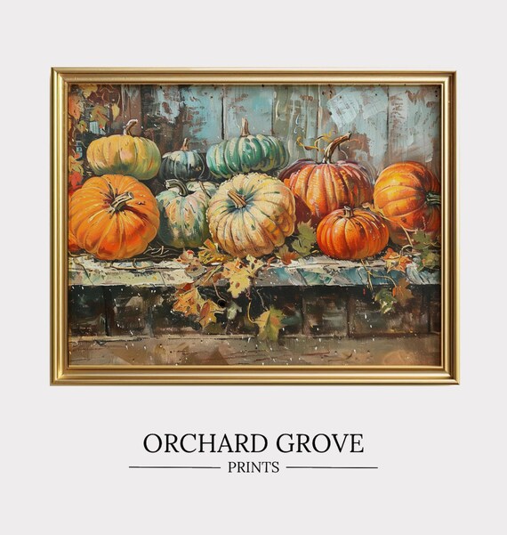 Colorful Harvest Pumpkins Gourds Rustic Bench Fall Still Life Oil Painting Poster