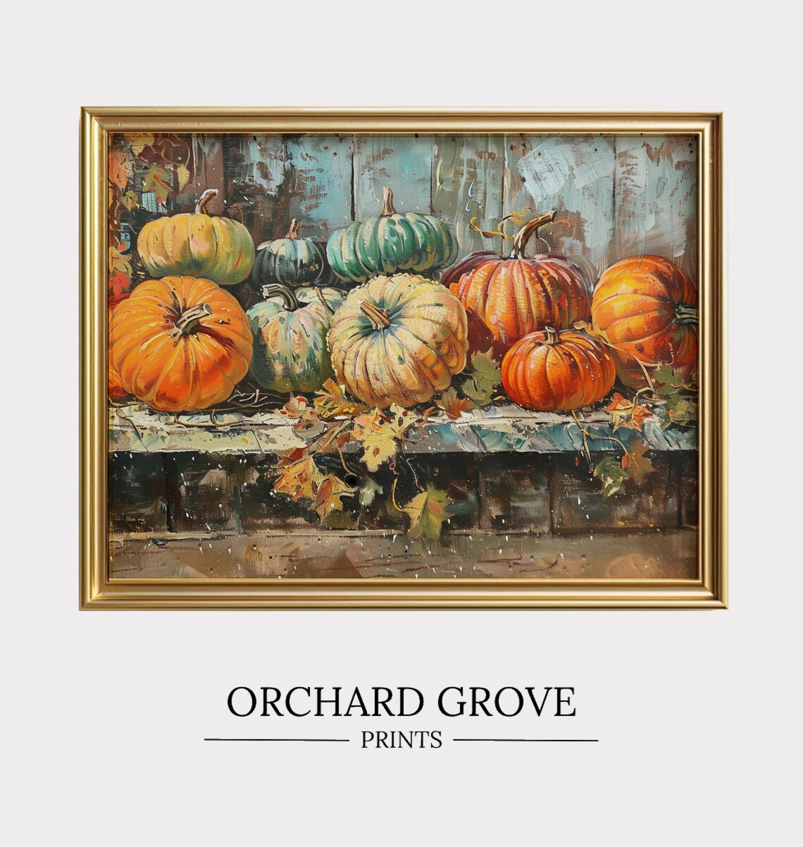 Colorful Harvest Pumpkins Gourds Rustic Bench Fall Still Life Oil Painting Poster
