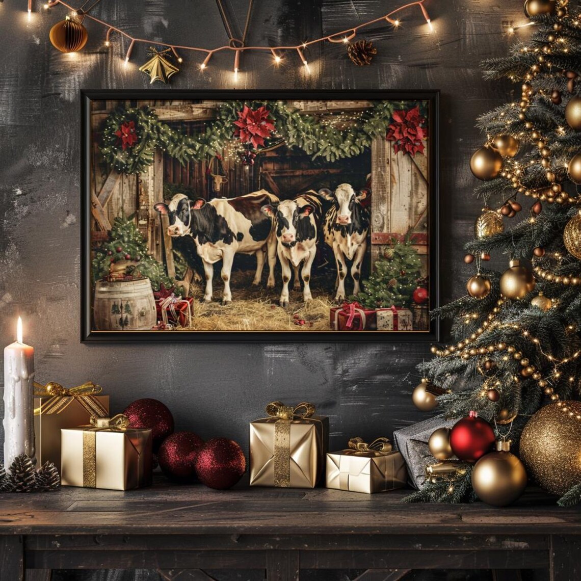 Christmas Cow Vintage Holiday Farmhouse Art Print - Image 3