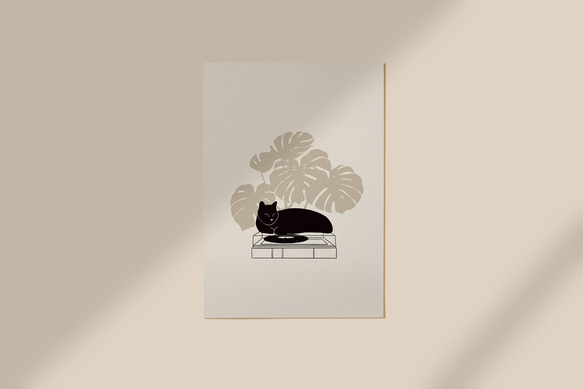 Cat On Record Art Print, Black Cat Illustration - Image 3