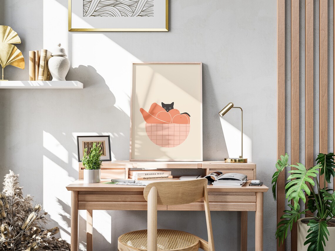 Cat Fruit Bowl Art Print, Cute Cat Illustration - Image 3