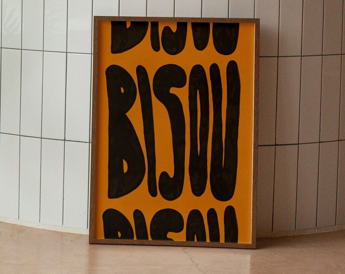Bisou French Kiss Orange Black Bold Retro Typography Wall Poster