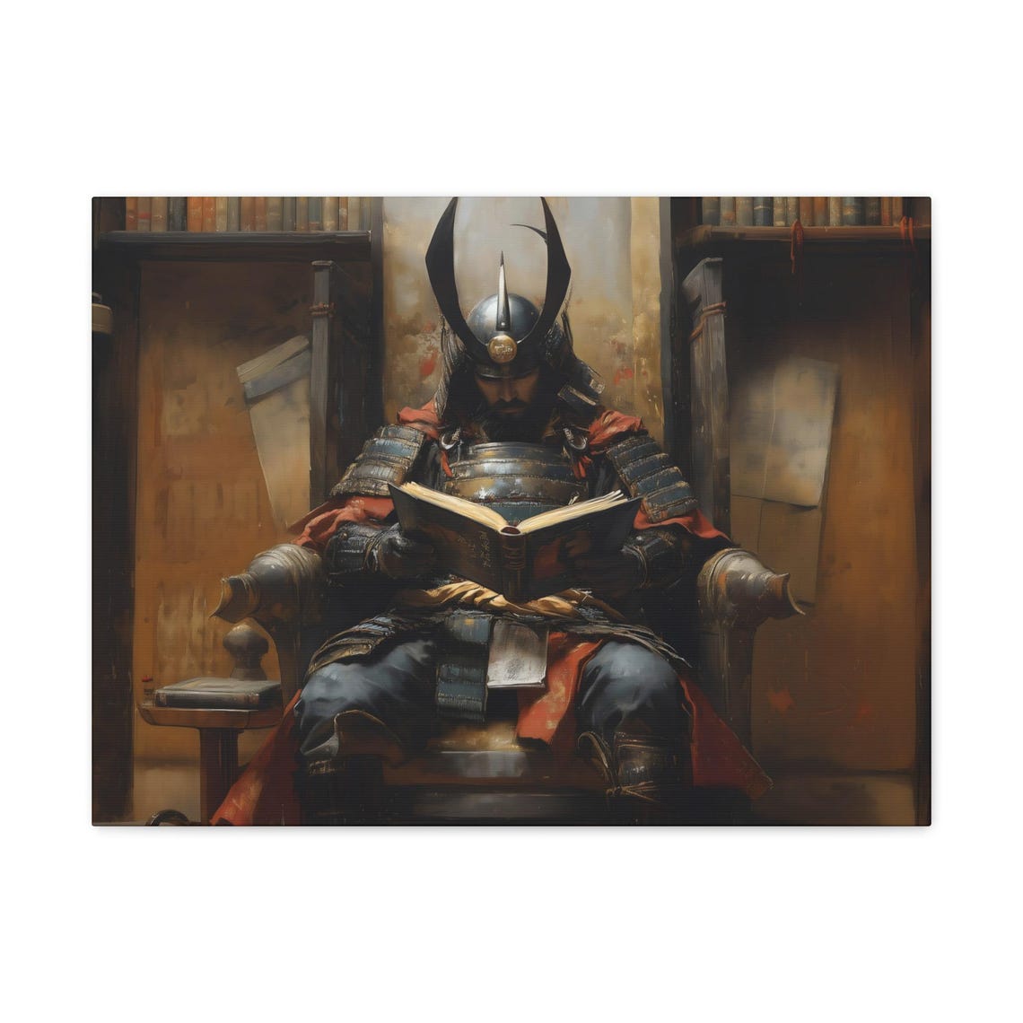 Samurai In Horned Helmet Reading Book Ancient Library Wall Art - Image 2
