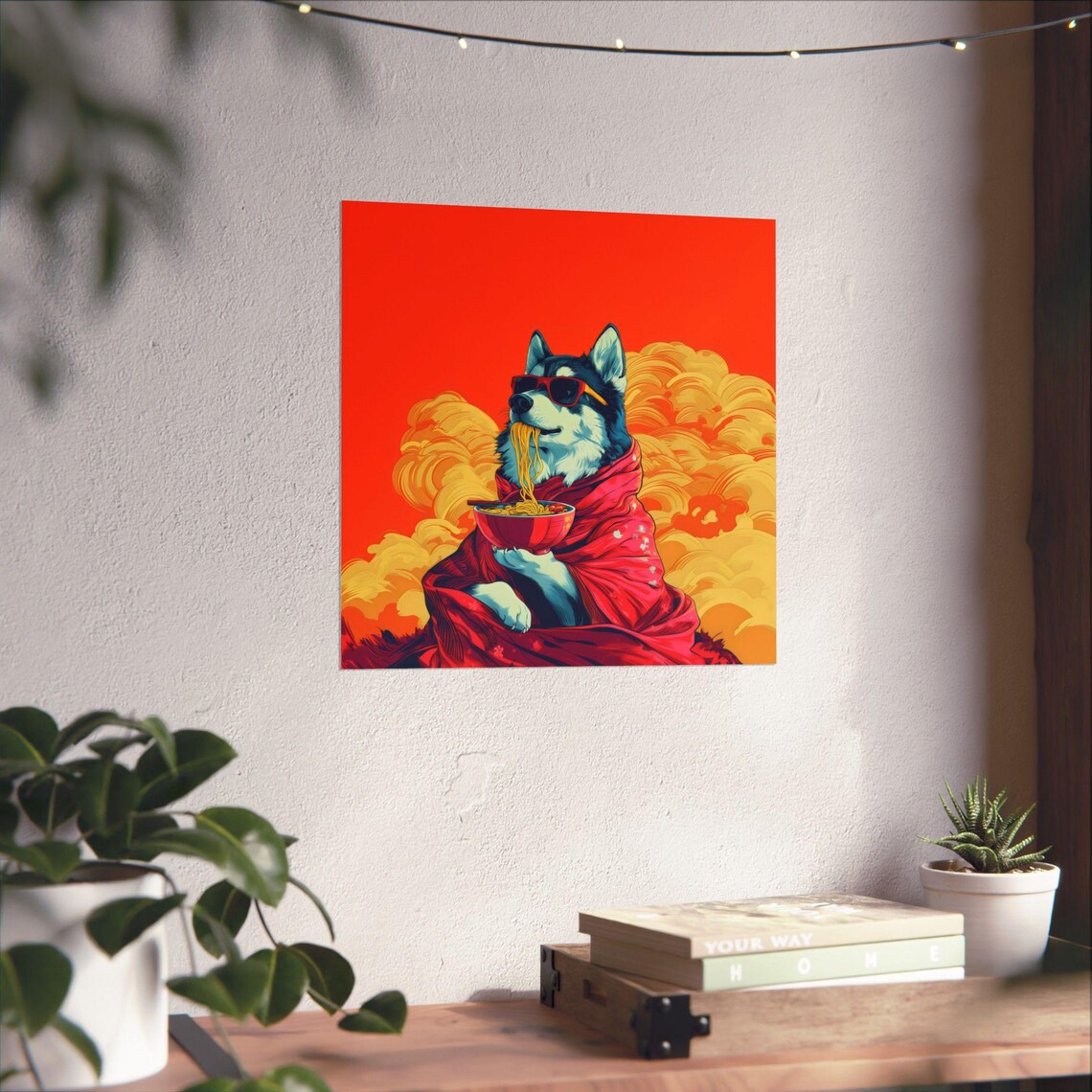 Cool Husky Wearing Sunglasses Slurping Noodles Fun Art Poster