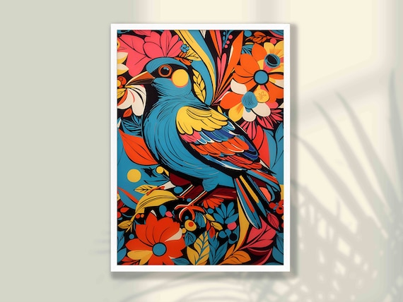 Stunning Blue Songbird Red Flowers Folk Art Illustration Poster