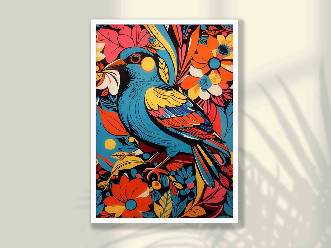 Stunning Blue Songbird Red Flowers Folk Art Illustration Poster