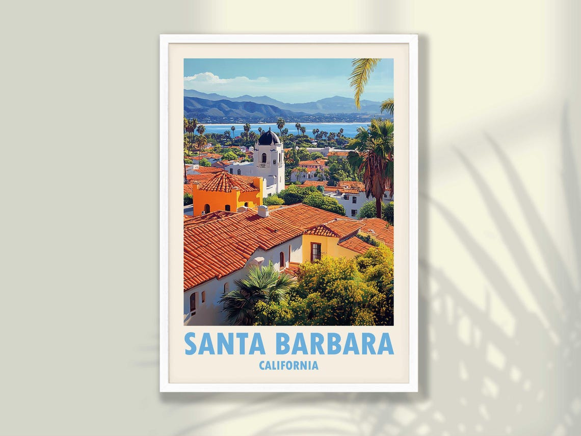 Santa Barbara California Mission Rooftops Palm Trees Ocean View Poster