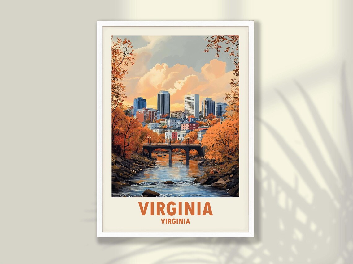 Virginia Autumn Skyline Bridge River City Fall Foliage Travel Poster