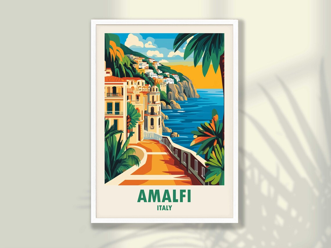 Amalfi Italy Coastal Promenade Palm Trees Vintage Travel Poster
