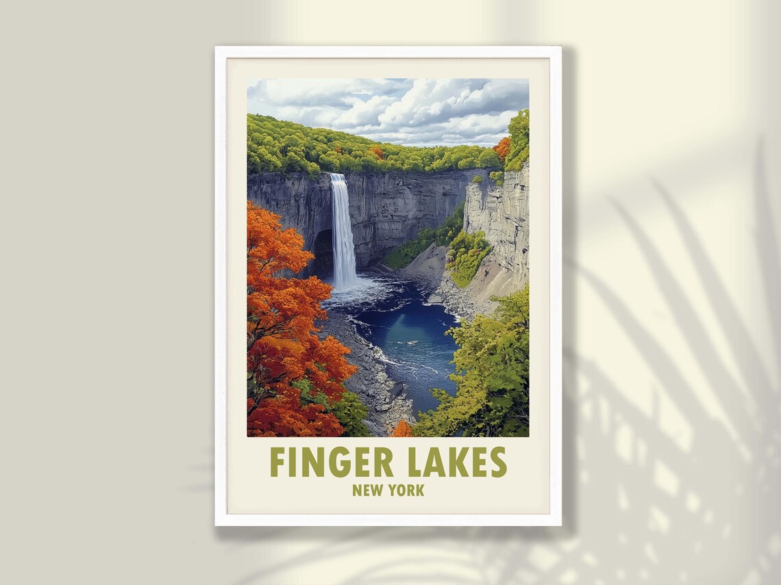 Finger Lakes New York Vintage Travel Waterfall Scenery Poster