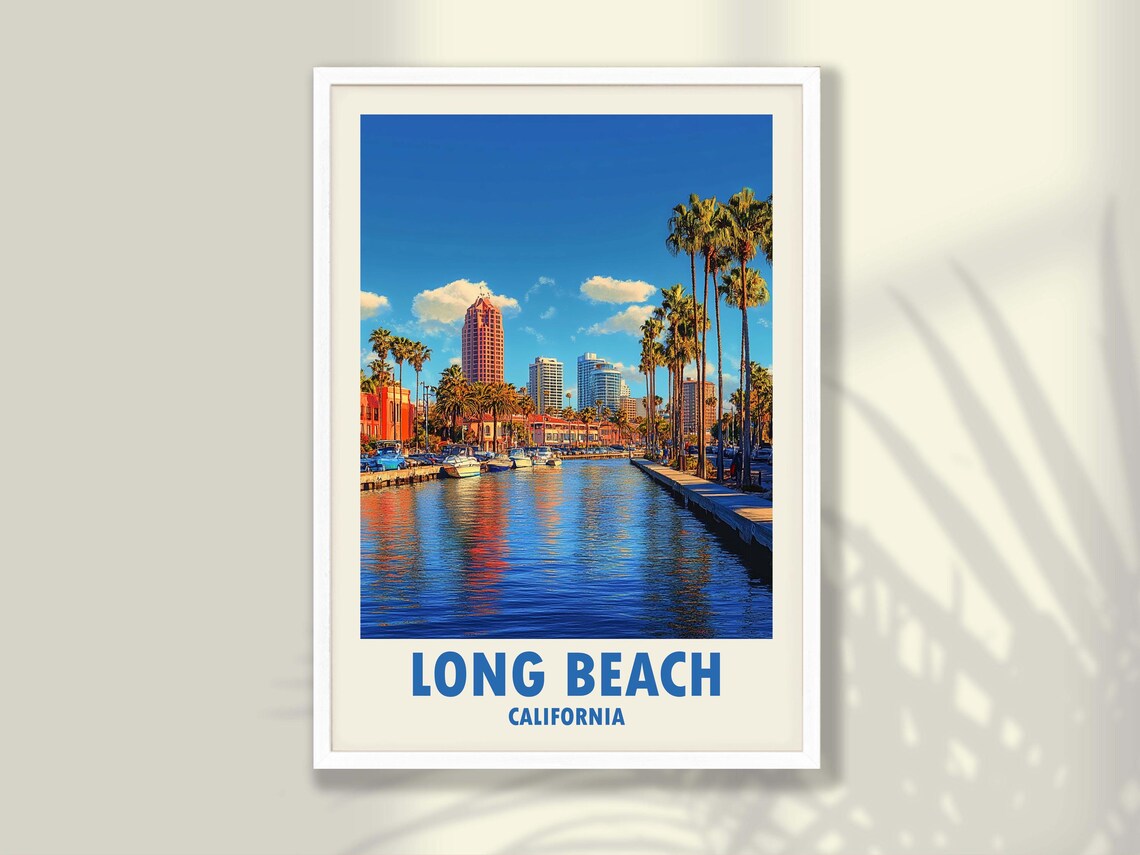 Long Beach California Waterfront Boats Palm Promenade City View Poster